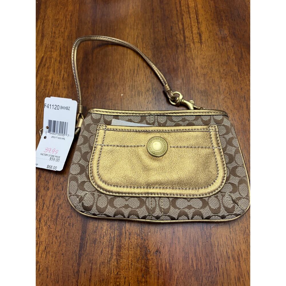 Vintage Gold Coach Leather Canvas Signature C Jacquard Wristlet-NWT